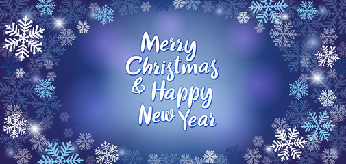 Merry Christmas and Happy New Year. Winter background with snowflakes and stars. New Year's congratulatory flyer.