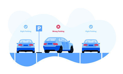 Right and wrong car parking examples vector illustration for web and printing.  Cuv or minivan parked incorrect across two parking slots between sedan automobiles parked correctly in their places.