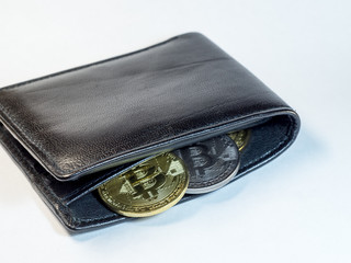 Bitcoin in a purse on a white background