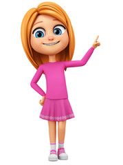Character cartoon girl in pink dress pointing her finger on an empty space on a white background. 3d rendering. Illustration for advertising.