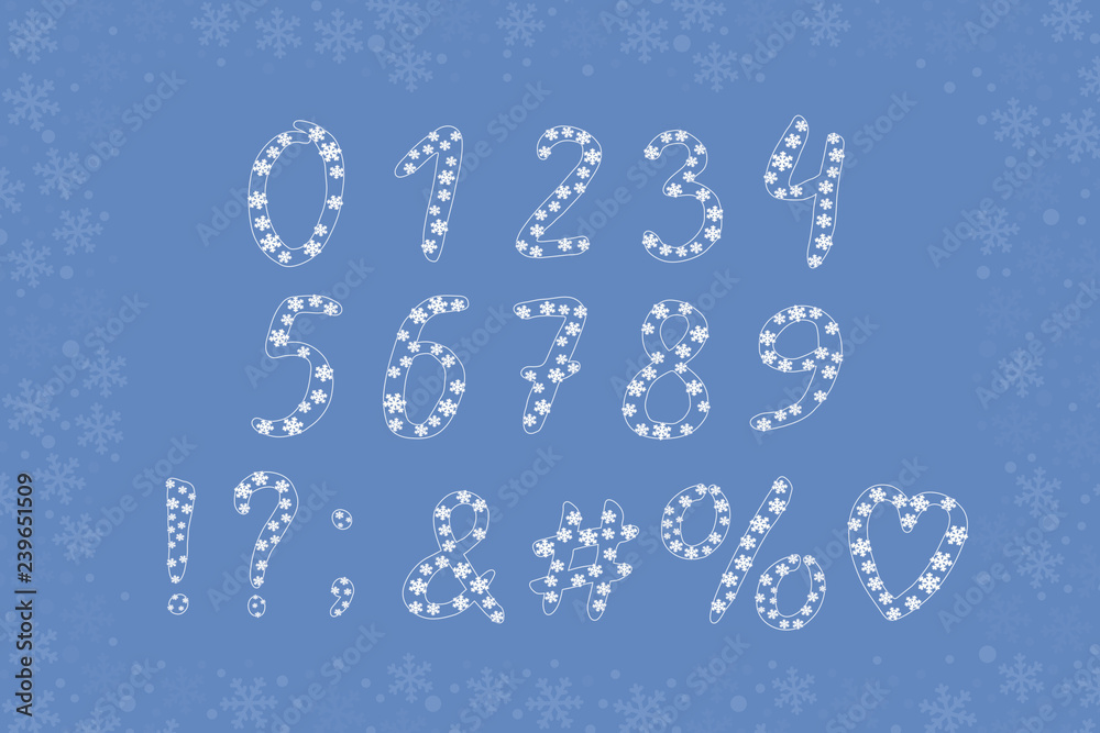 Fototapete Alphabet frozen design with snowflakes. Numbers and punctuation marks. EPS 10