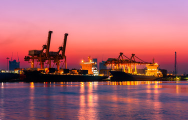 Shipping port. Logistics and transportation of international import export container cargo ship...