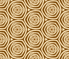 Seamless hexagonal pattern from yellow geometrical abstract ornaments on a dark brown background. Vector illustration can be used for textiles, wallpaper and wrapping paper