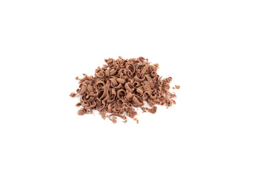 Grated chocolate in a pile isolated on white background.