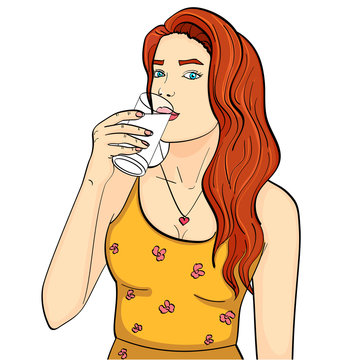 Healthy woman is drinking milk from a glass. Imitation comic style raster. isolated object on white background