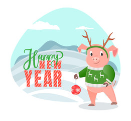 Happy New Year Postcard Pig Winter Snowy Landscape