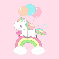 Unicorn Holding Present Over Rainbow Birthday Card. Happy Little Pony Fly on Balloon. Child Holiday Greeting Magic Poster Design on Pink Background