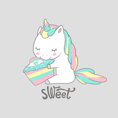 Magic Unicorn Eat Sweet Birthday Cake Poster Print. Cute Greeting Card Template with Adorable Happy Fancy Horse. Can be used for t-shirt print, kids wear fashion, baby shower invitation. Vector