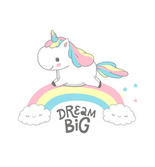 Unicorn Dream Big Rainbow Magic Poster Design. Fairy Inspirational Child Print Template with Little Horn Pony Run above Rainbow. Motivation Printable Badge Flat Cartoon Illustration Design