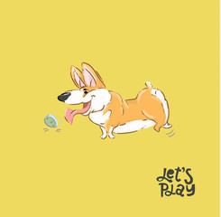 Obraz premium Happy Corgi Dog Play Ball Vector Illustration. Silly Puppy Character Animal Run Typography Print Poster. Fluffy Orange Pet. Can be used for t-shirt print, kids wear fashion, baby shower invitation