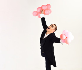 May your birthday be filled with joy. Man with mime makeup on birthday party. Mime man with party...
