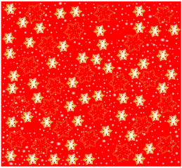 Golden glowing Snow flakes against Red background vector illustration festive texture seamless pattern wrapping paper decoration wallpaper fabric cloths