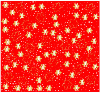 Golden glowing Snow flakes against Red background vector illustration festive texture seamless pattern wrapping paper decoration wallpaper fabric cloths