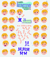 Businessman in casual style. Twenty eight expressions and basics body elements, template for design work and animation. Vector illustration to Isolated and funny cartoon character.