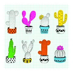 Gordijnen Bright and playful set of cacti in pots. Hand drawn collection of cool cactus on a squared notebook sheet. Vector fun design © Dasha D