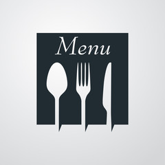 Logotipo con texto Menu con cubiertos en espacio negativo en cuadrado en fondo gris