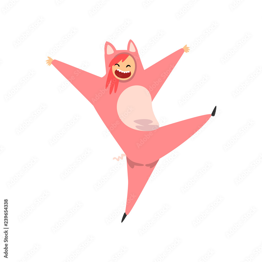 Canvas Prints Happy girl wearing fox animal costume, person in jumpsuit or kigurumi vector Illustration on a white background