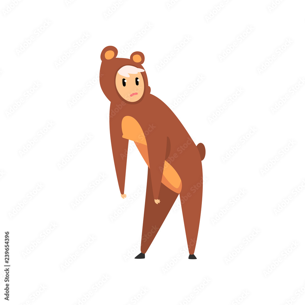 Poster man wearing bear animal costume, person in jumpsuit or kigurumi vector illustration on a white backg