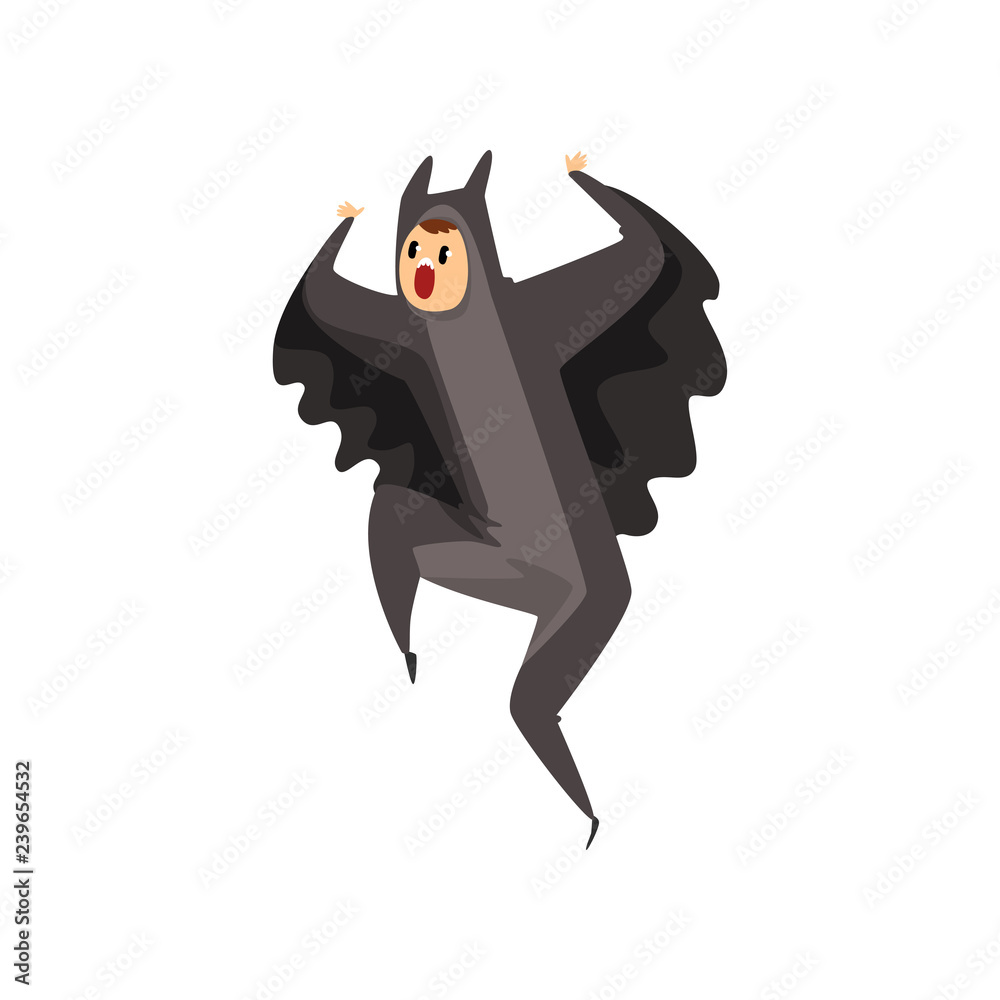 Wall mural man wearing bat animal costume, person in jumpsuit or kigurumi having fun vector illustration on a w