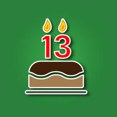 Birthday cake with a candle in the form of a number 13, in the form of a sticker with a shadow icon. Happy Birthday concept symbol design. Stock - Vector illustration can be used for web.