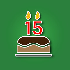 Birthday cake with a candle in the form of a number 15, in the form of a sticker with a shadow icon. Happy Birthday concept symbol design. Stock - Vector illustration can be used for web.