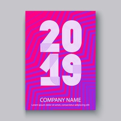 Cover Annual Report numbers 2019, modern design colorful neon zigzag background vertical, year 2019 in thin lines striped memphis stile, written with a pen, vector illustration