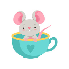 Cute mouse sitting in a ceramic cup, funny animal cartoon character vector Illustration on a white background
