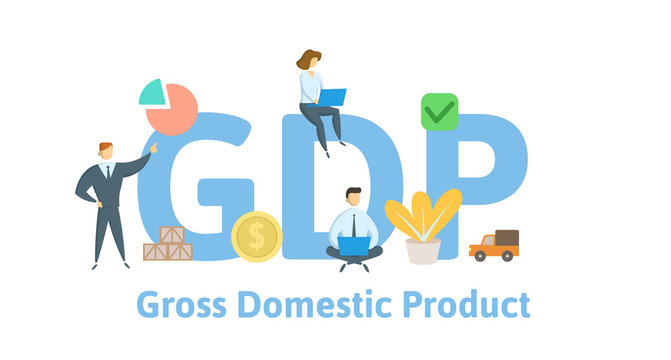 GDP, Gross Domestic Product. Concept with keywords, letters and icons. Colored flat vector illustration on white background.