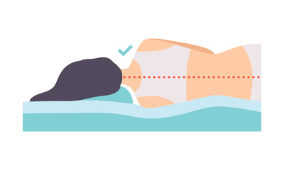Woman lying on her side, seen from behind, correct sleeping posture for neck and spine, healthy sleeping position, orthopedic mattress and pillow vector Illustration