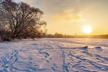 Winter sunrise on Moscow river. Russia