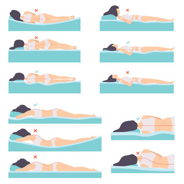 Woman lying in various poses set, side view, correct and incorrect sleeping posture for neck and spine, healthy sleeping position, orthopedic mattresses and pillows vector Illustration