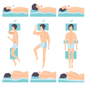 Man lying in various poses set, side view, correct and incorrect sleeping posture for neck and spine, healthy sleeping position vector Illustration