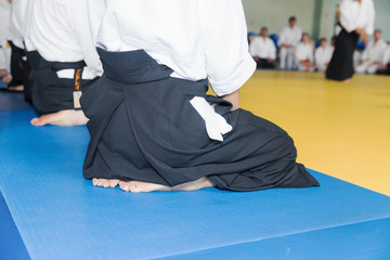 People in kimono and hakama sitting in a line on tatami