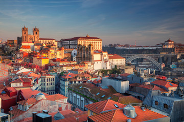 Fototapeta na wymiar Porto, Portugal. Aerial cityscape image of Porto, Portugal with the Porto Cathedral and old town during sunset. 