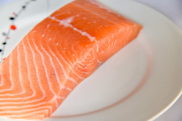 Salmon in white dish on white blackground.
