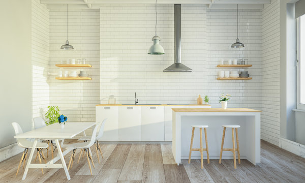 stylish kitchen interior with cooking island and table