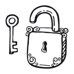 Key and lock are hand drawn icon. Vector illustration in sketch style.