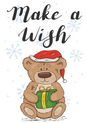 Make a wish. Festive card with a teddy bear