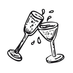 Two wine glasses with splash drinks. Hand drawn icon. Vector illustration in sketch style.