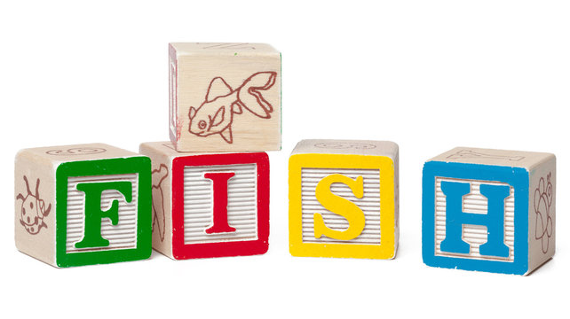 Colorful alphabet blocks. Word fish isolated on white background