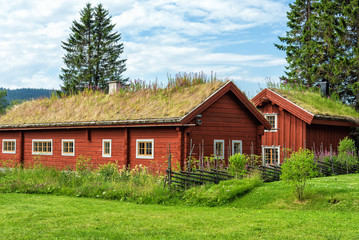 Traditional mountain red cabins in Sweden
