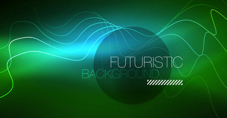 Abstract shiny glowinng color wave design element on dark background - science or technology concept