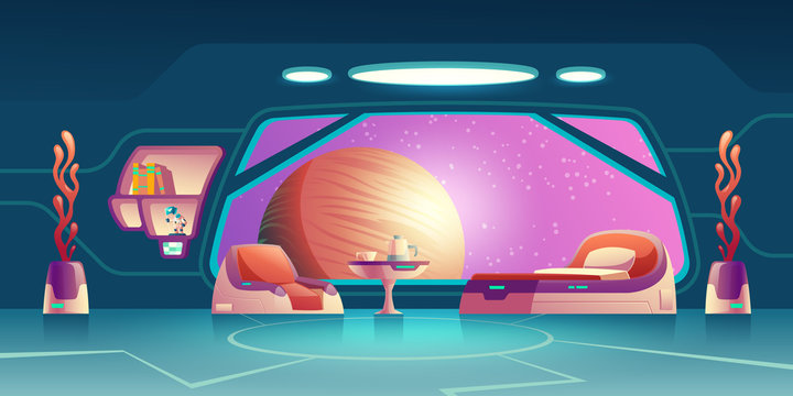 Future space station, science fiction starship, orbital hotel or colony room, crew cabin interior cartoon vector with futuristic furniture, extraterrestrial plants, planet in porthole illustration