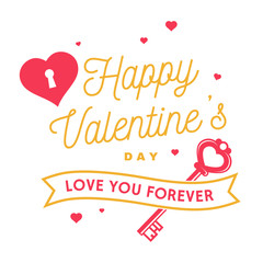 Happy Valentines Day. Stamp, badge, card with key and heart with keyhole. Vector. Vintage typography design for invitations, Valentines Day romantic celebration emblem in retro style.