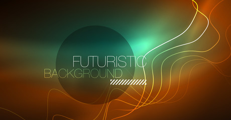 Abstract shiny glowinng color wave design element on dark background - science or technology concept