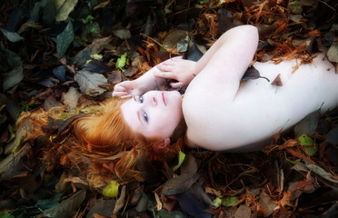 Schönes nacktes sexy Mädchen das auf Herbstlaub liegt, mit forderndem Blick, leicht bedeckt mit...