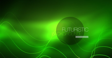 Abstract shiny glowinng color wave design element on dark background - science or technology concept