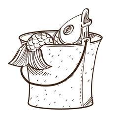 Vector monochrome fish in bucket. Illustration isolated on white background