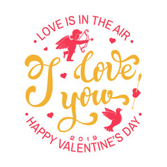 Happy Valentines Day. Stamp, badge, card with angel, birds and heart with arrows. Vector. Vintage typography design for invitations, Valentines Day romantic celebration emblem in retro style.