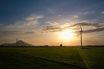 Obraz na płótnie Canvas Wind turbine farm or windmill on blue sky. Turbine green energy electricity or wind turbine in a green field - Energy Production with clean and Renewable Energy. Phan Rang, Vietnam